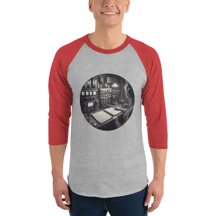 Red and gray baseball tee with a vintage control room graphic.