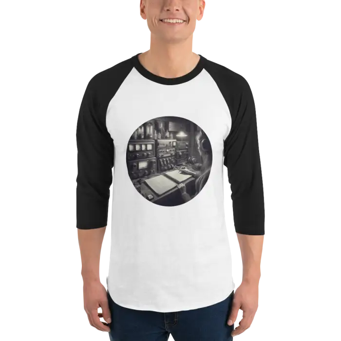 Black and white baseball tee.