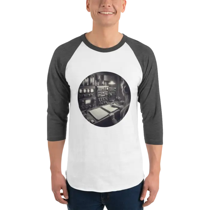 Gray and white raglan shirt.