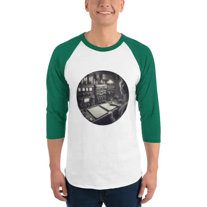 Green and white baseball tee with a vintage control room graphic.