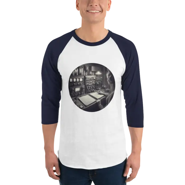 Raglan shirt with vintage radio room graphic.