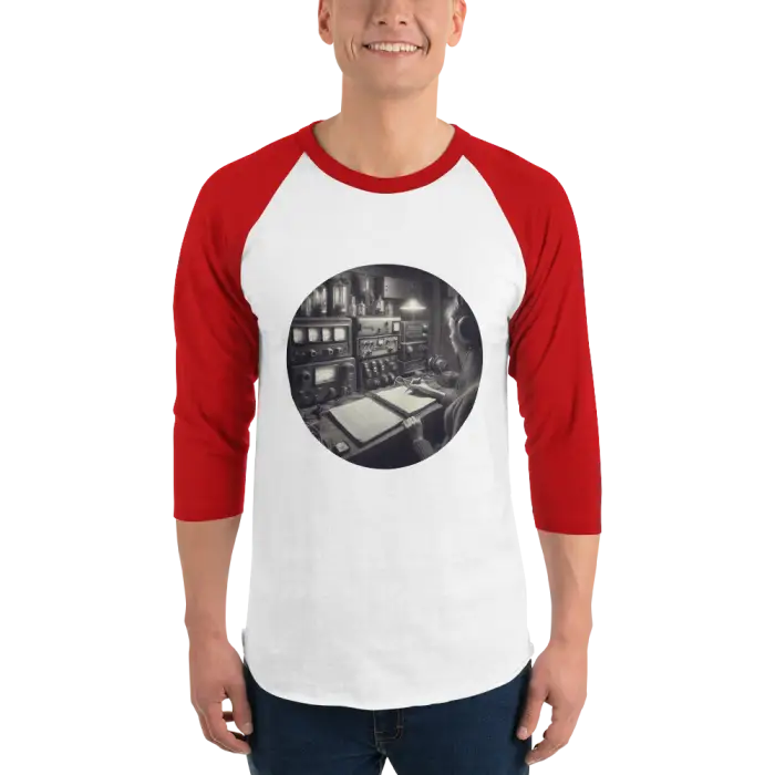 Red and white raglan shirt.