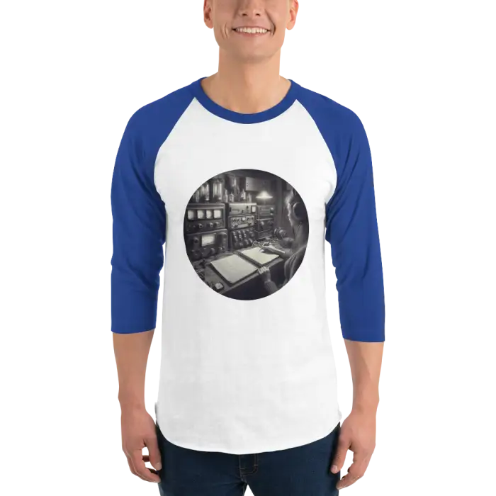 Blue-sleeved baseball shirt with a vintage laboratory graphic.