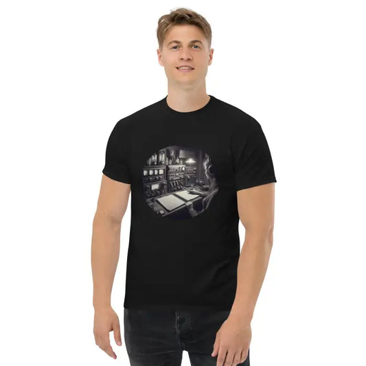 Black t-shirt with a vintage control room graphic.