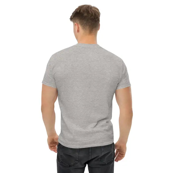 Gray t-shirt on a man.