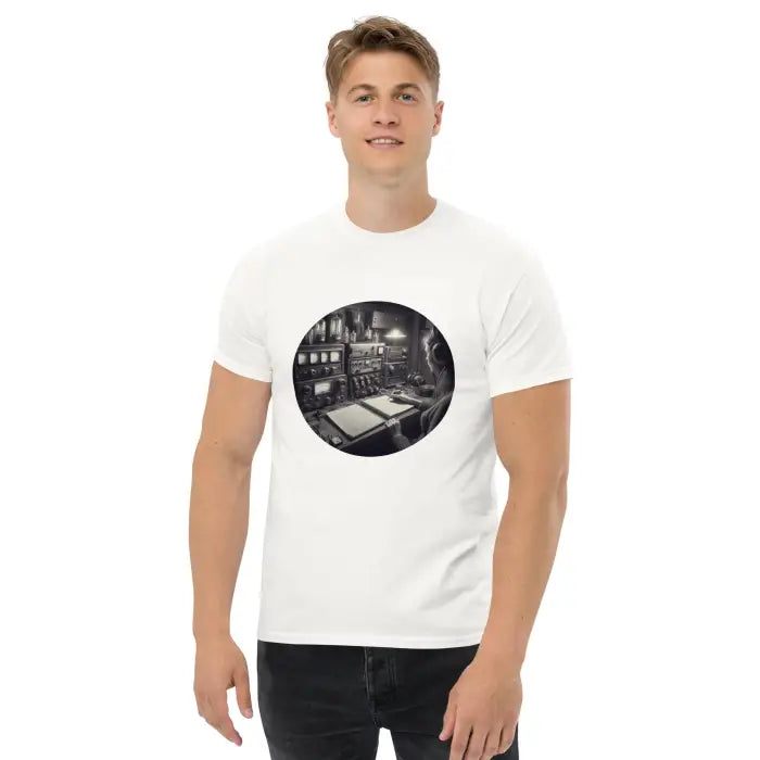 White t-shirt with a black and white circular graphic.