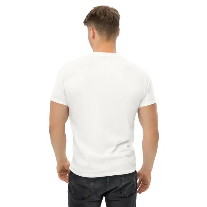 White t-shirt on a man.