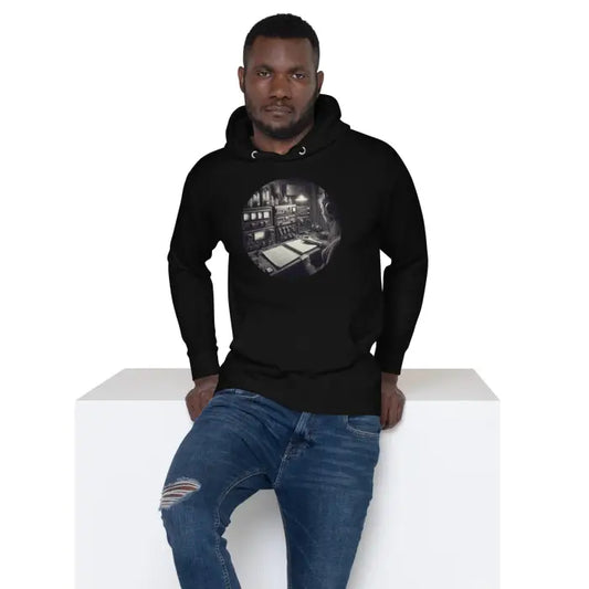 Black hoodie with a circular graphic.