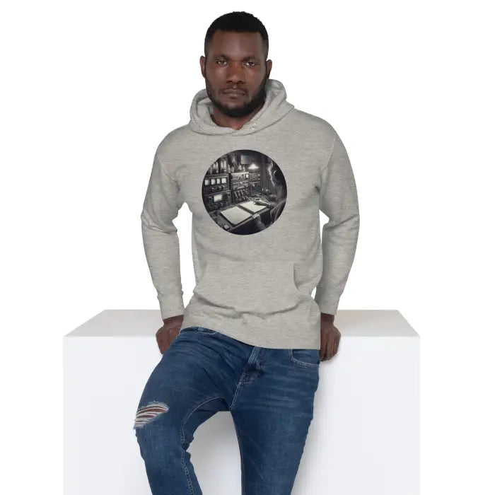 Man wearing a hoodie with a circular graphic.