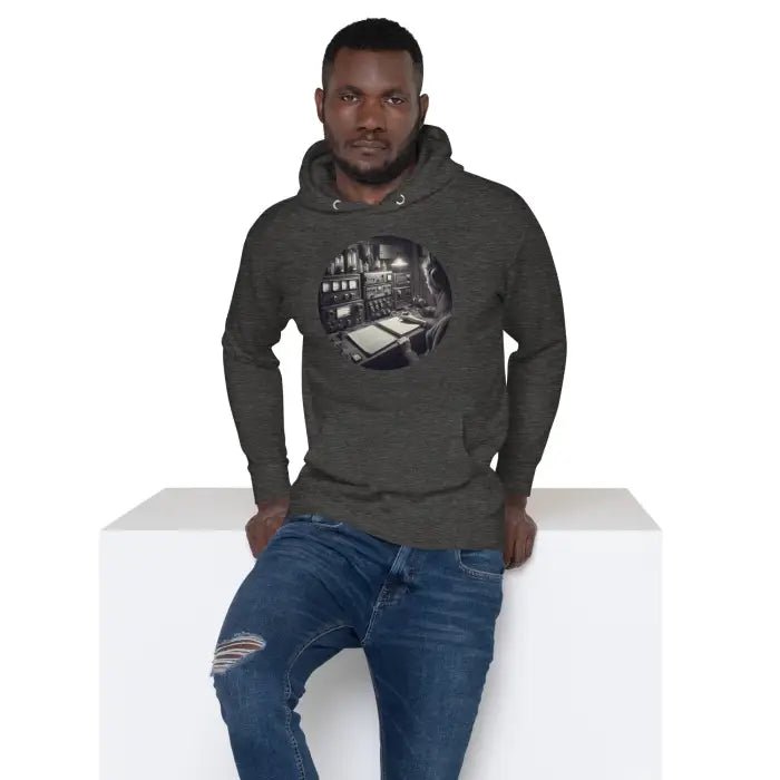 Man wearing a hoodie with a circular graphic.
