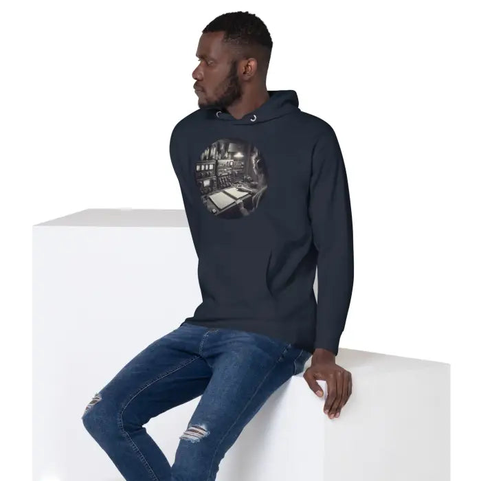 Dark blue hoodie with a black and white graphic.