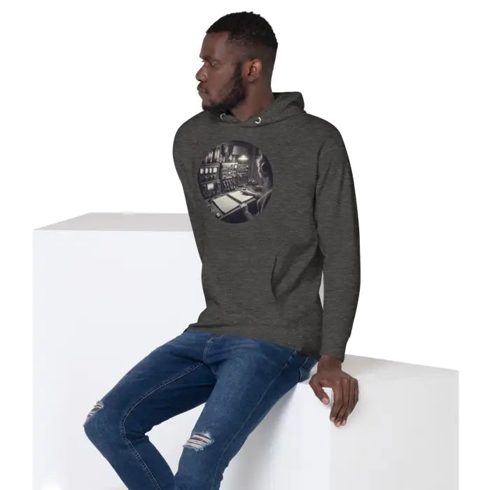 Gray hoodie with a circular graphic.