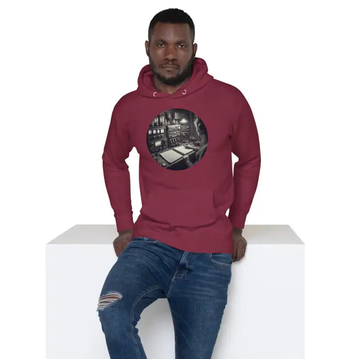Burgundy hoodie with a circular graphic.