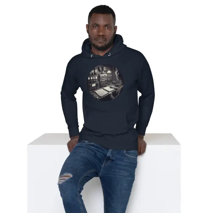 Man wearing a dark blue hoodie and jeans.