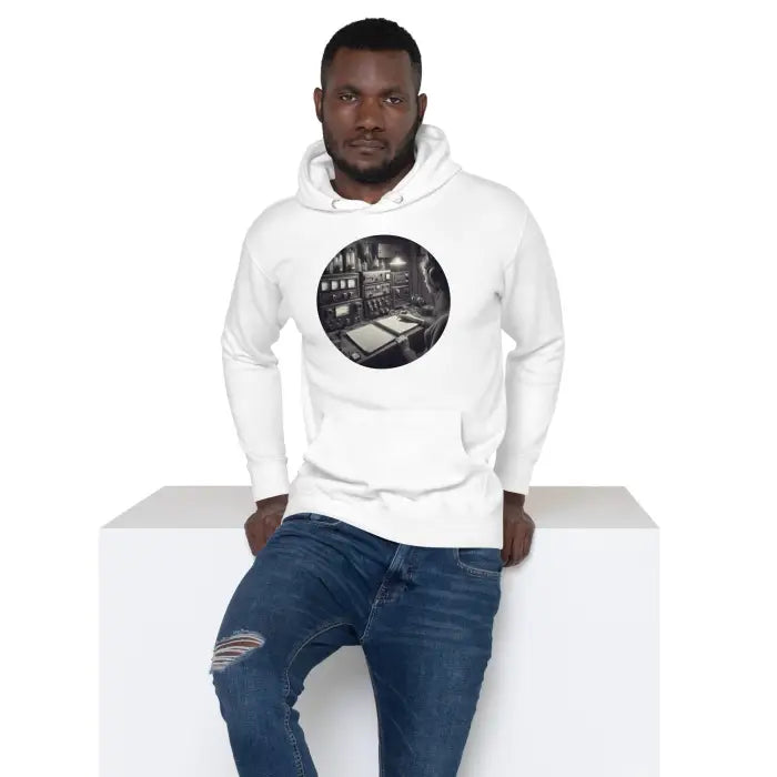 White hoodie with a circular graphic.