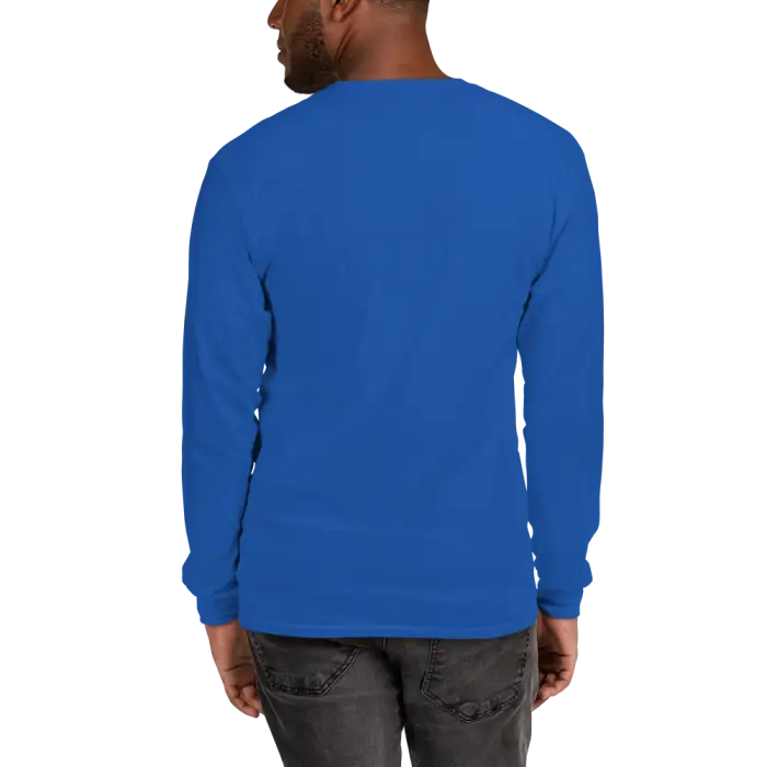 Blue long-sleeved shirt.