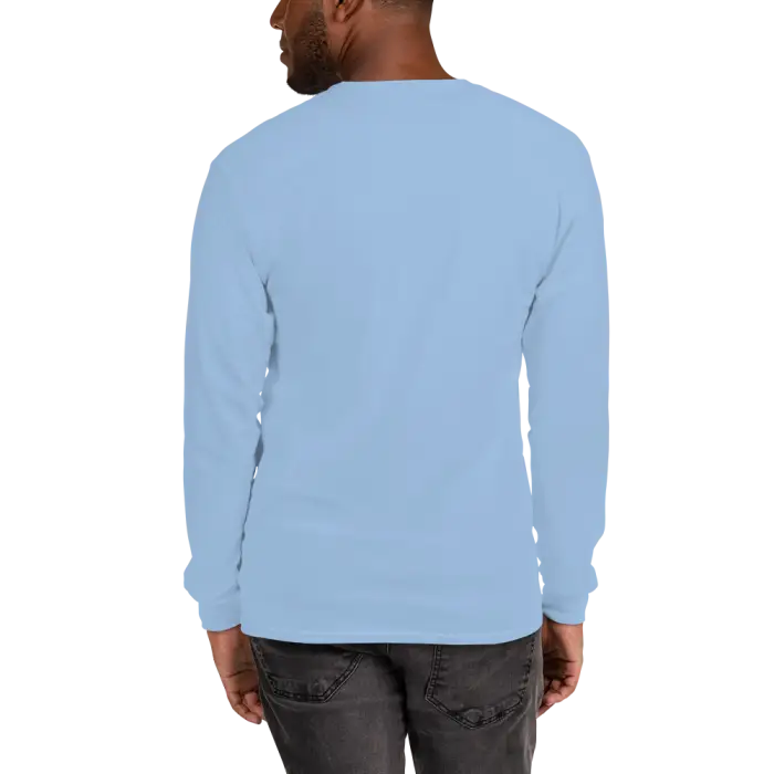 Light blue long-sleeved shirt.