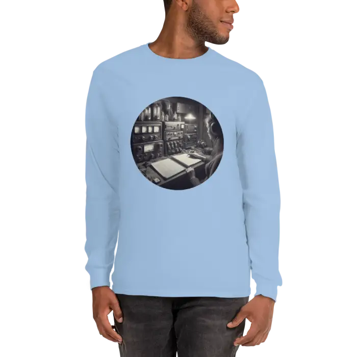 Light blue long-sleeved shirt with circular graphic.