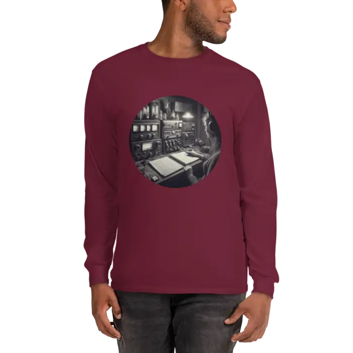 Maroon long-sleeved shirt with a circular graphic.