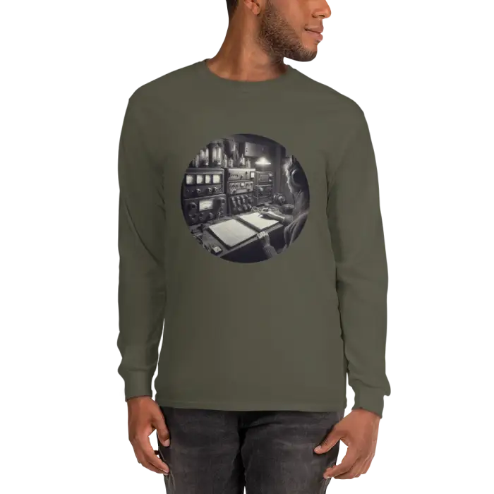 Olive green long-sleeved shirt.