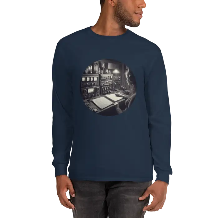 Navy long-sleeved shirt with vintage control room graphic.