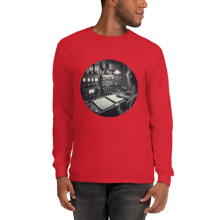 Red long-sleeve shirt with a circular graphic.