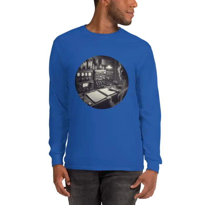 Blue long-sleeved shirt with a circular graphic.