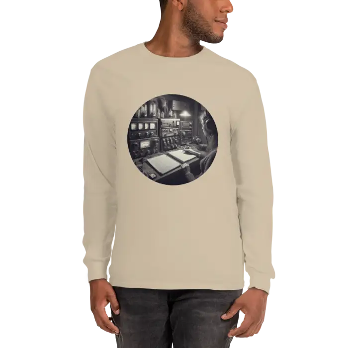 Beige long-sleeved shirt with a circular graphic.