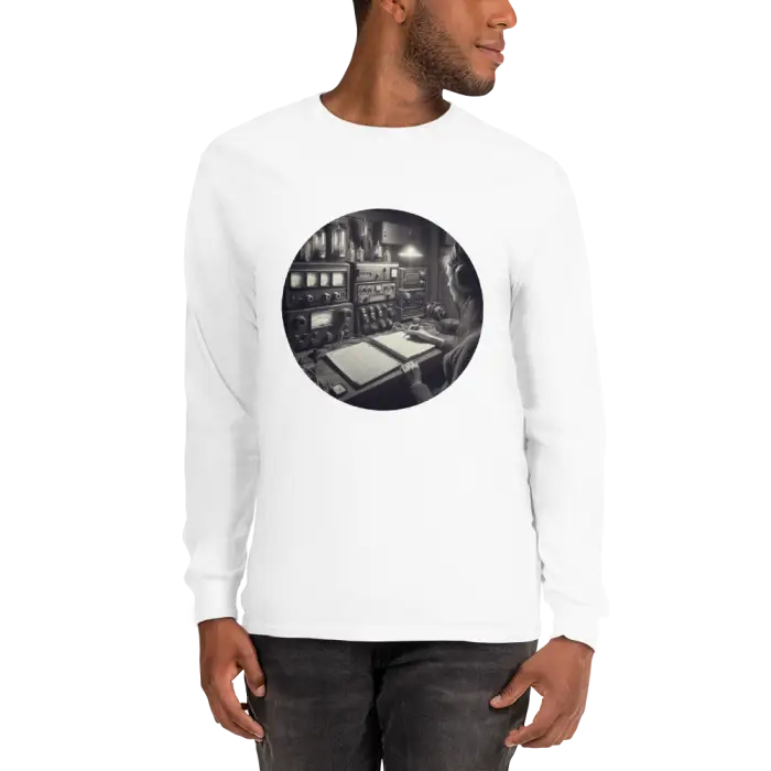 White long-sleeved shirt with a circular graphic.