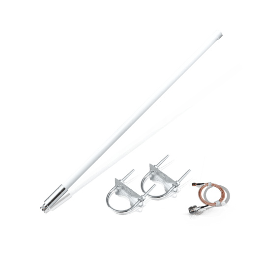 Two long white antennas with mounting hardware and cables.