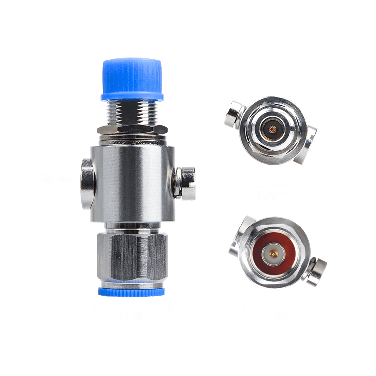 A chrome-plated water flow regulator with push-fit connectors and a blue cap.