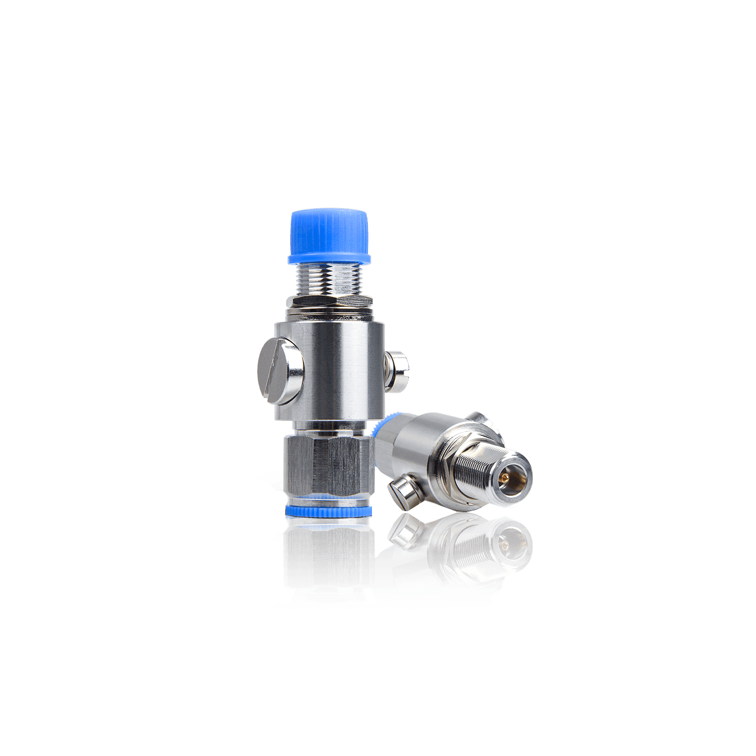 A chrome-plated water valve with blue caps.