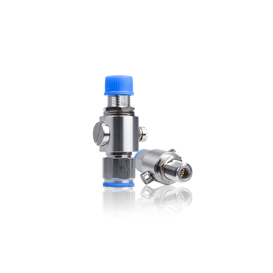 A chrome-plated water valve with blue caps.