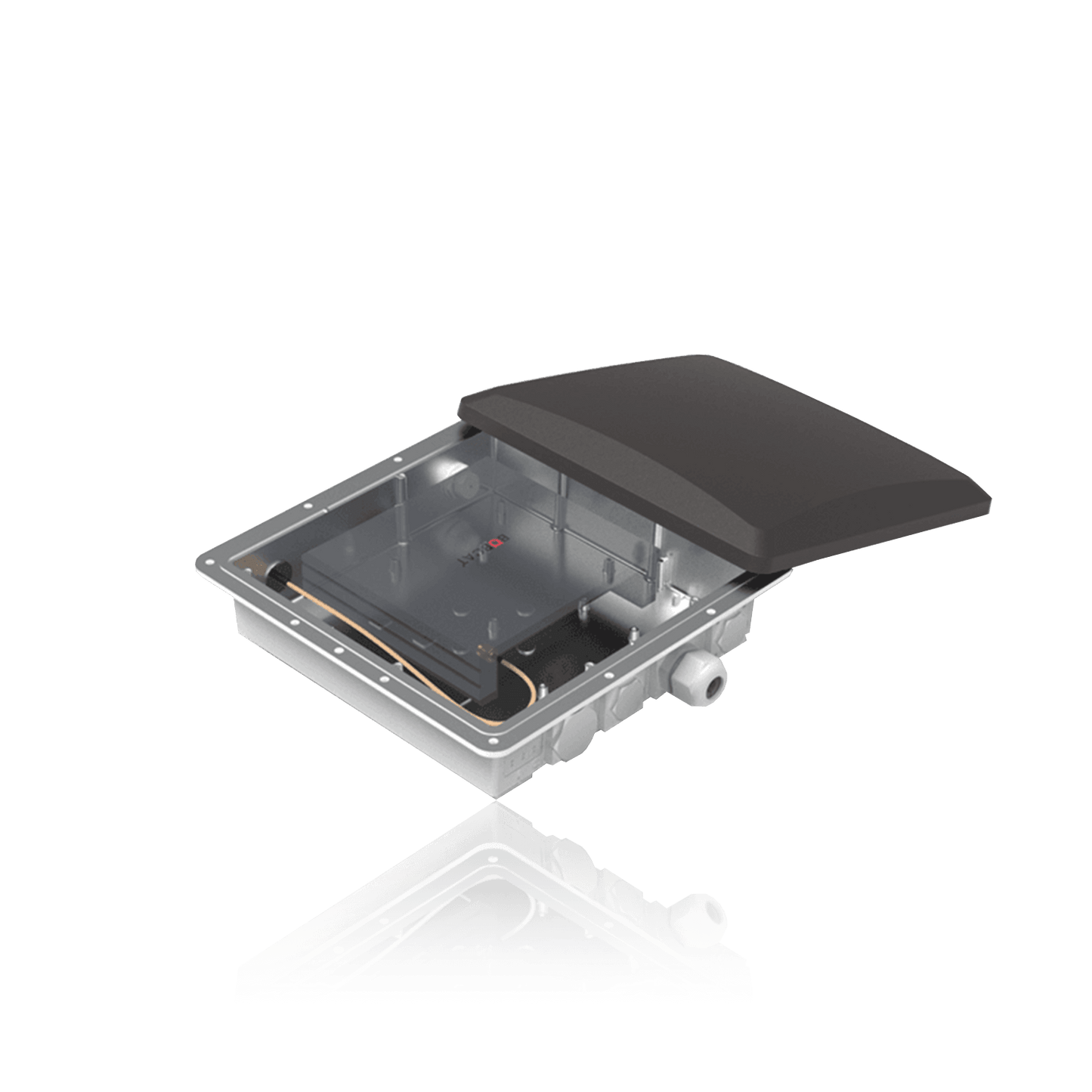 An open, rectangular, silver-colored electrical enclosure with a black, slightly domed lid.