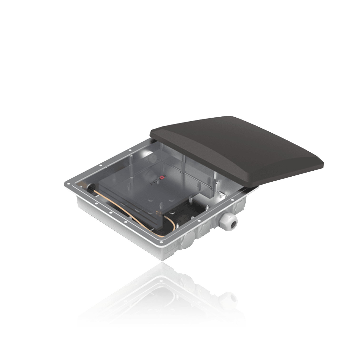 An open, rectangular, silver-colored electrical enclosure with a black, slightly domed lid.