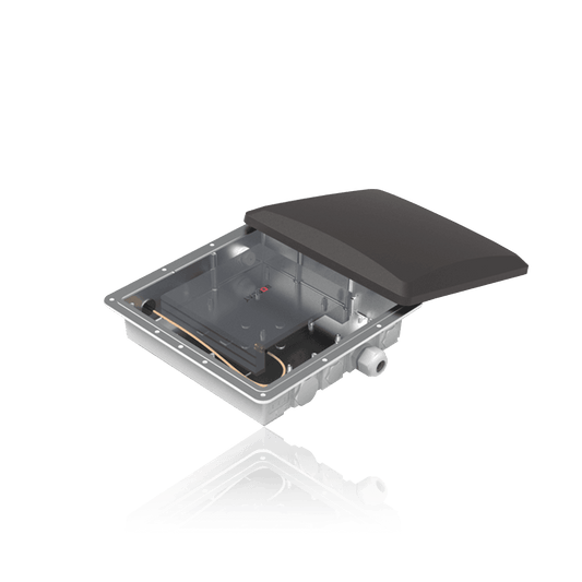 An open, rectangular, silver-colored electrical enclosure with a black, slightly domed lid.