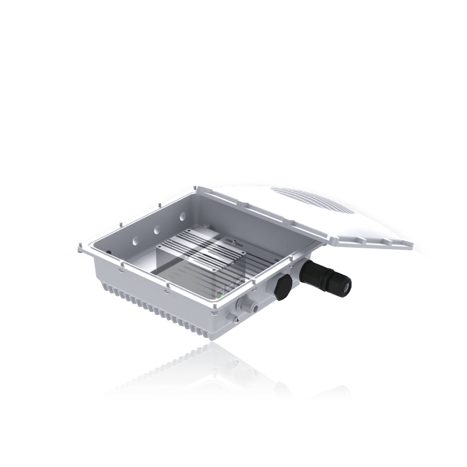 An open, light grey, rectangular outdoor electrical enclosure with a curved lid, featuring internal mounting points and multiple cable glands.