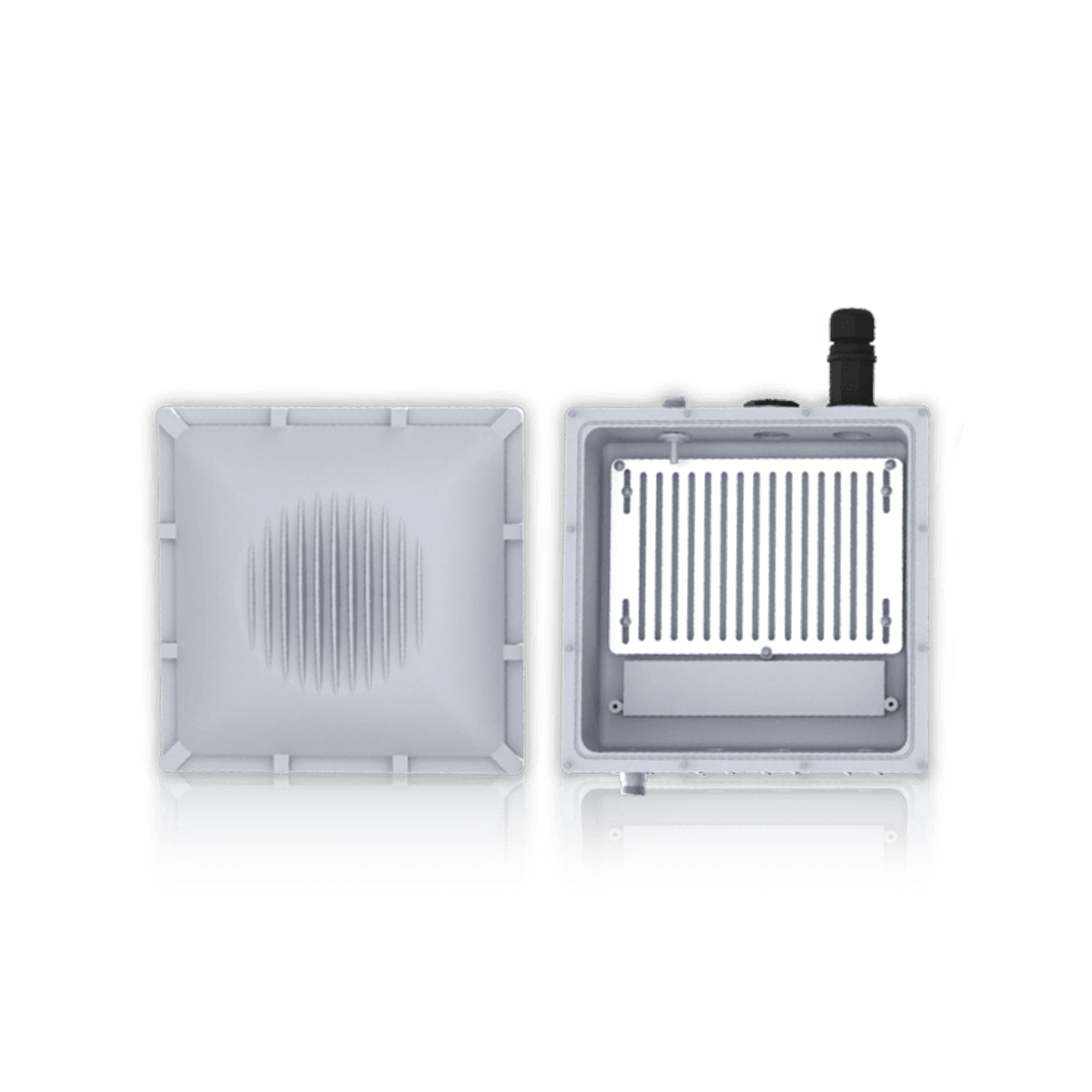 An open, rectangular LED floodlight housing with a ribbed reflector on the left and a finned heat sink on the right.