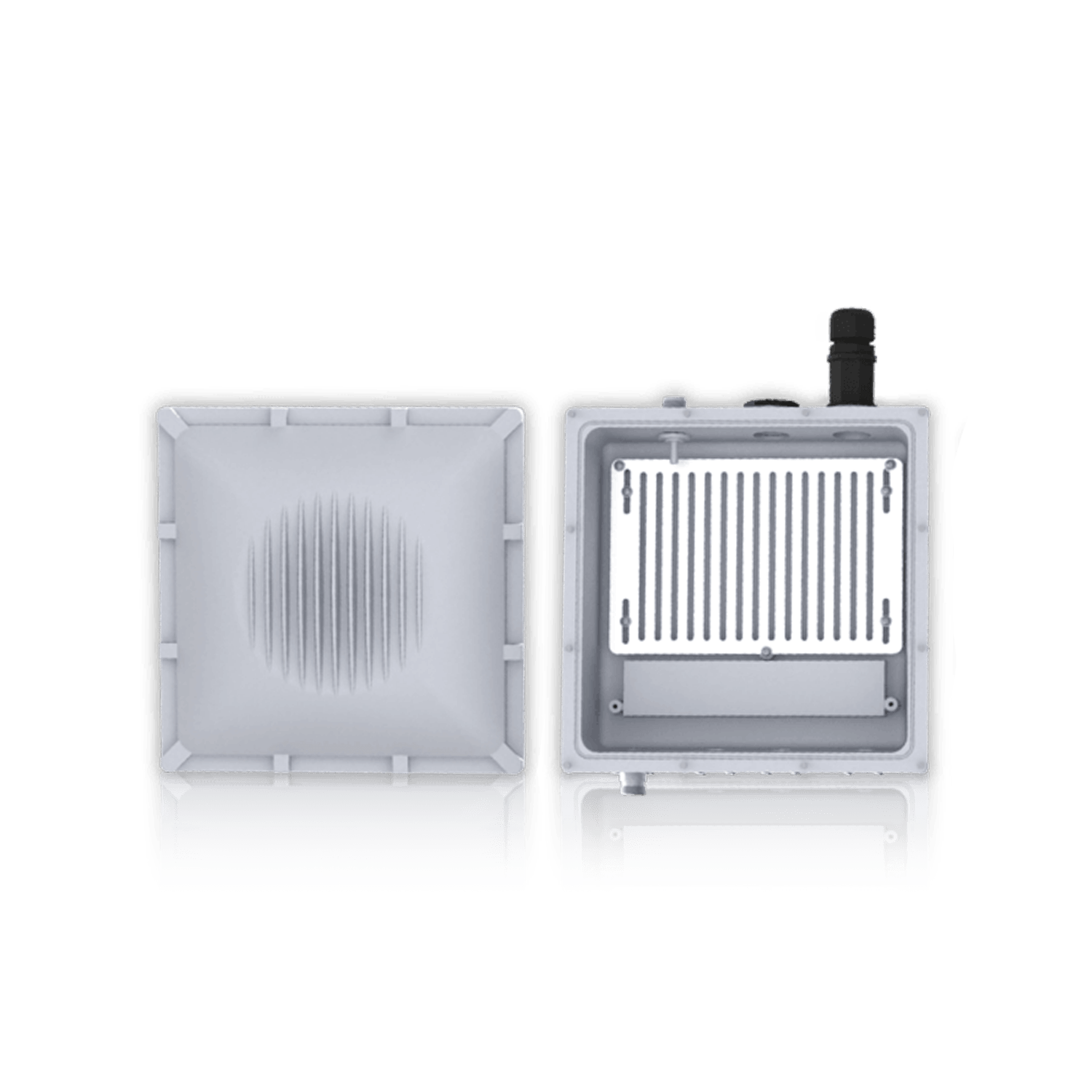 An open, rectangular LED floodlight housing with a ribbed reflector on the left and a finned heat sink on the right.