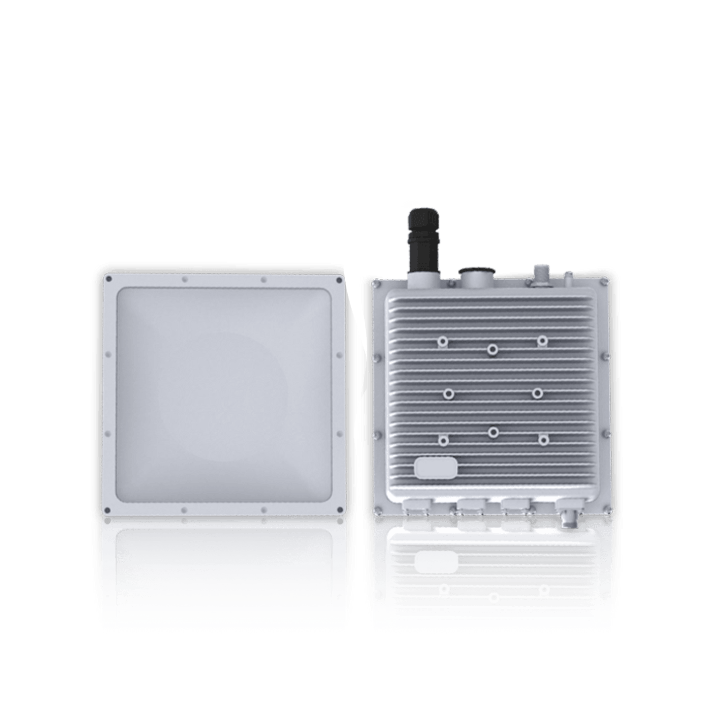 Two outdoor telecommunications enclosures, one with an open front panel and the other showing a ribbed, heat-dissipating back panel.