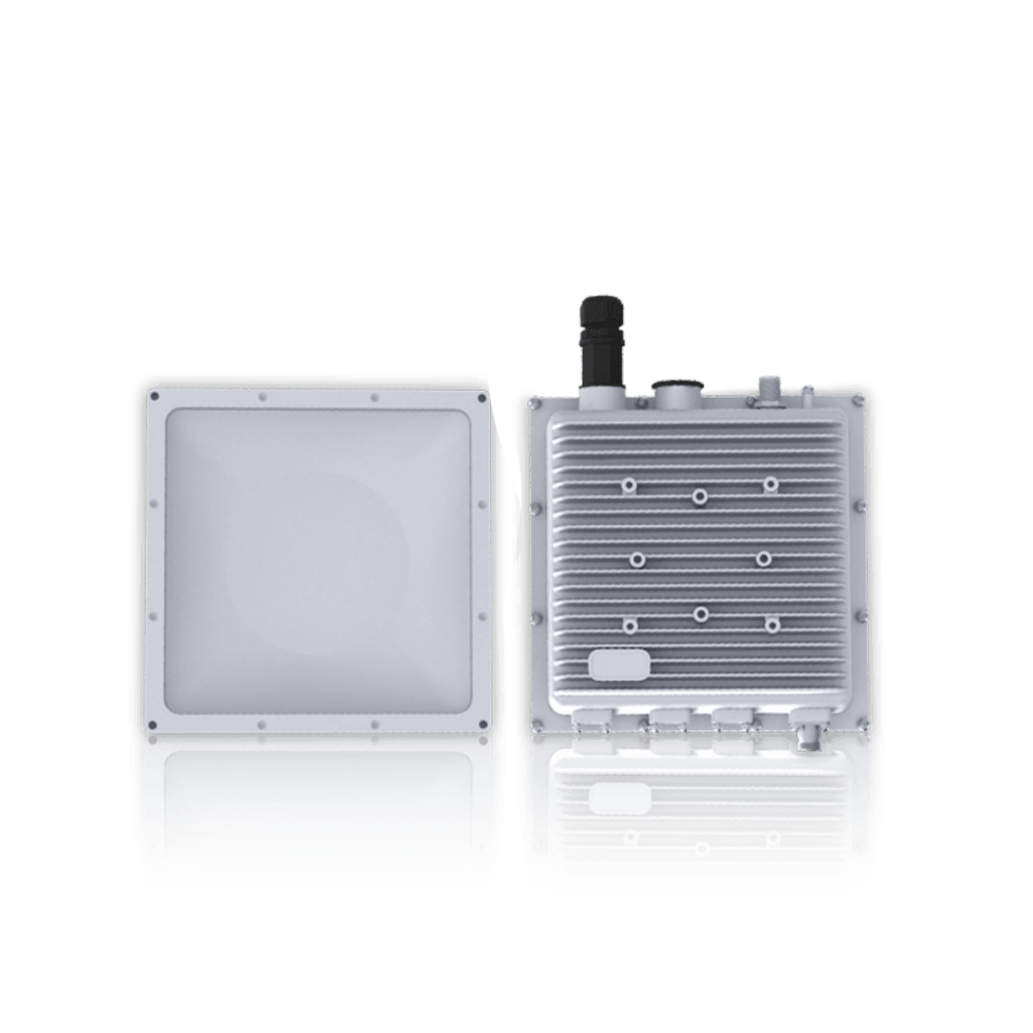 Two outdoor telecommunications enclosures, one with an open front panel and the other showing a ribbed, heat-dissipating back panel.