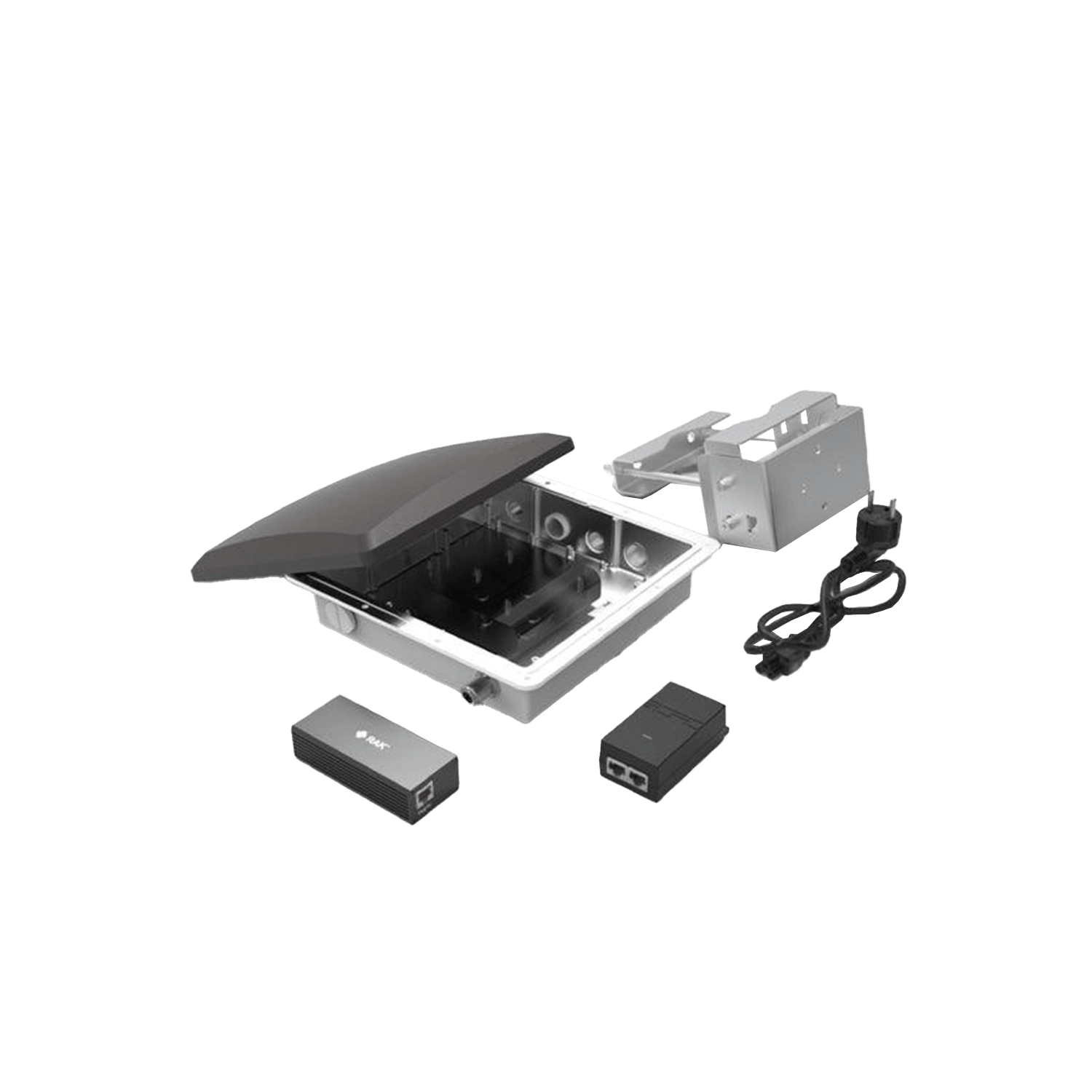 A collection of disassembled electronic components for an outdoor Wi-Fi access point, including an enclosure, antennas, and power accessories.