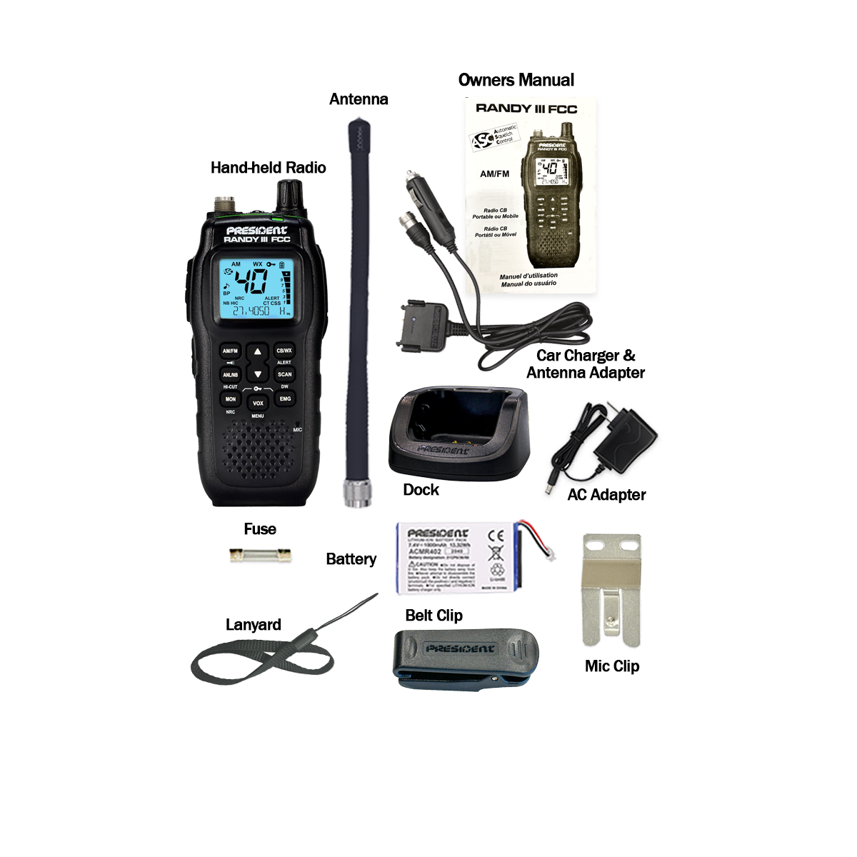 President Randy II FCC Tragbares 40-Kanal-AM/FM-CB-Radio mit mobilem Auto-Kit