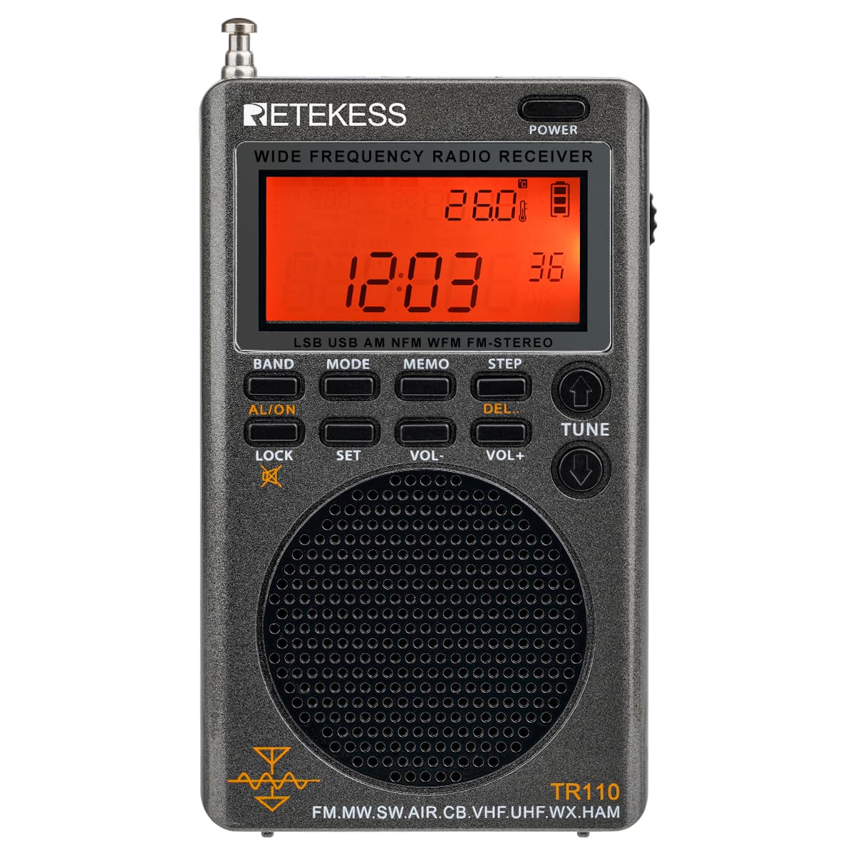 Gray portable radio receiver.