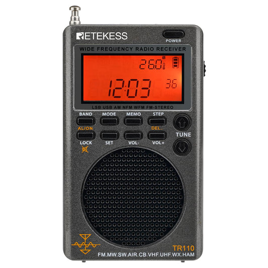Gray portable radio receiver.