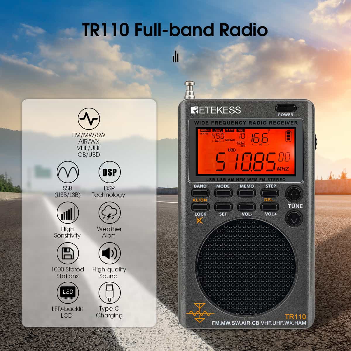Gray full-band radio with digital display.