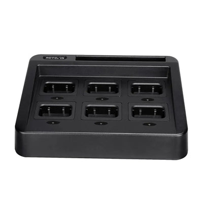 Black six-bay battery charger.