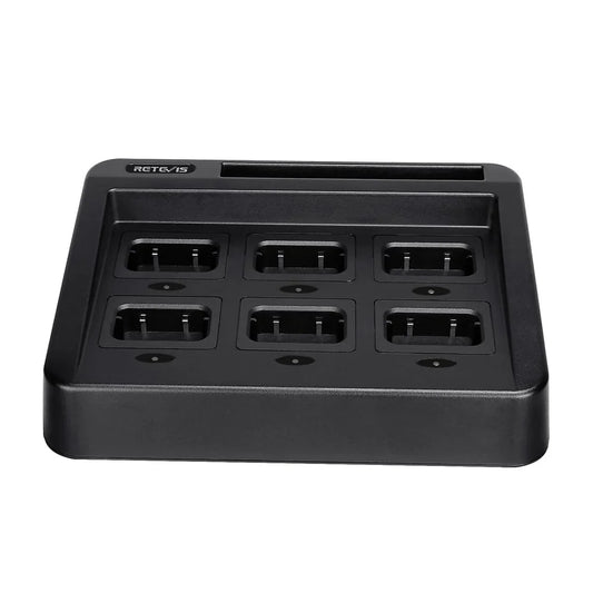 Black six-bay battery charger.