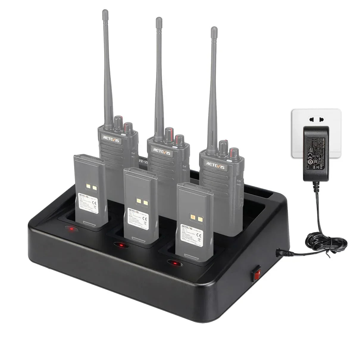 Multi-unit walkie-talkie charger with radios and batteries.