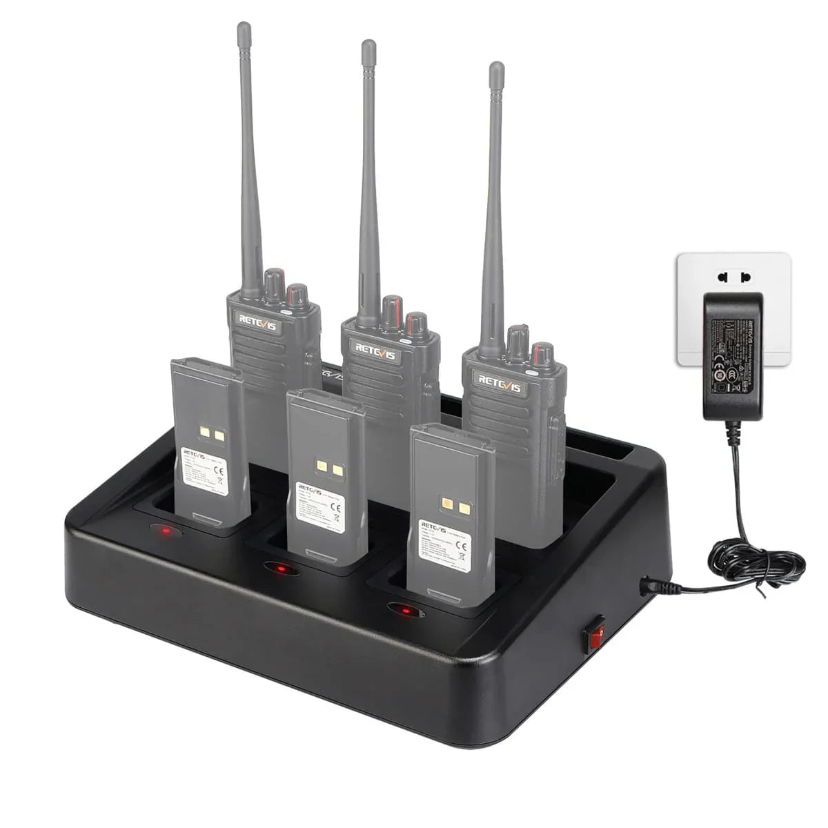 Multi-unit walkie-talkie charger with radios and batteries.